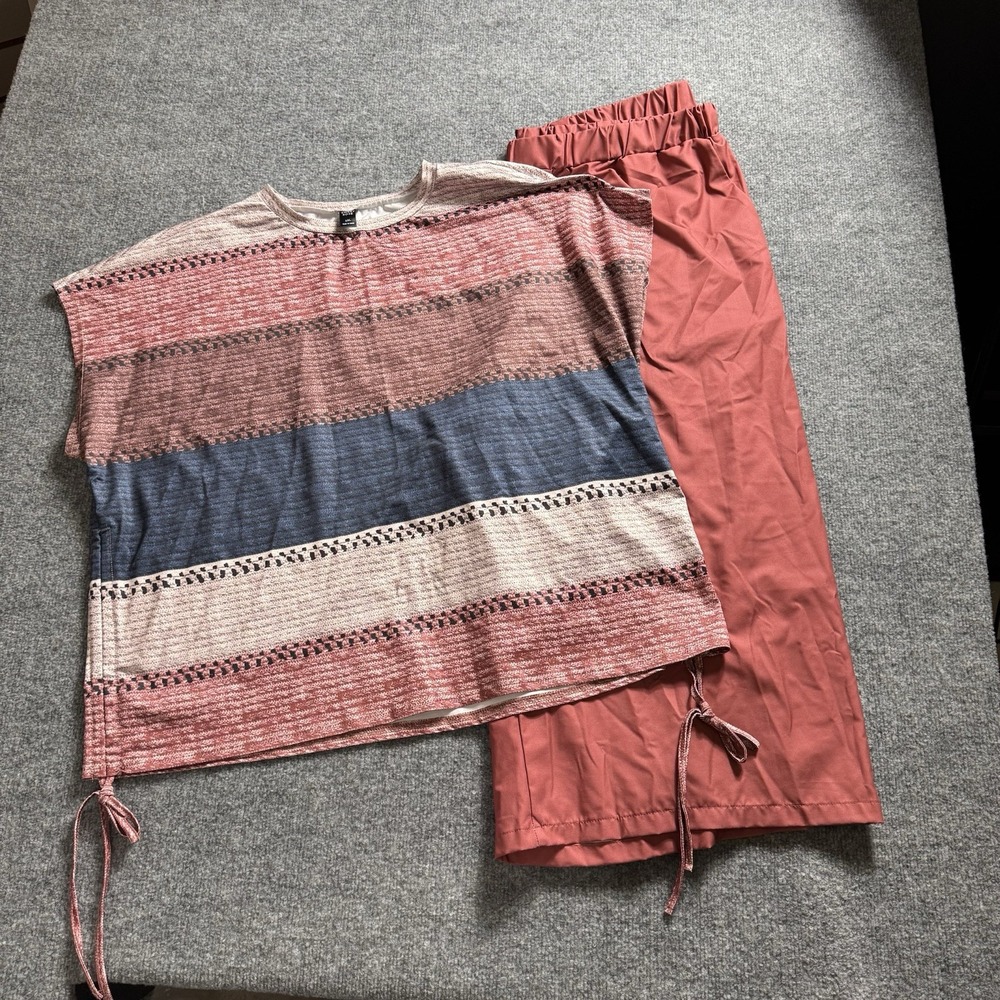 Womens Striped Short Sleeve Top Terracotta Wide Leg Pants Set Drawstring Hem 4X